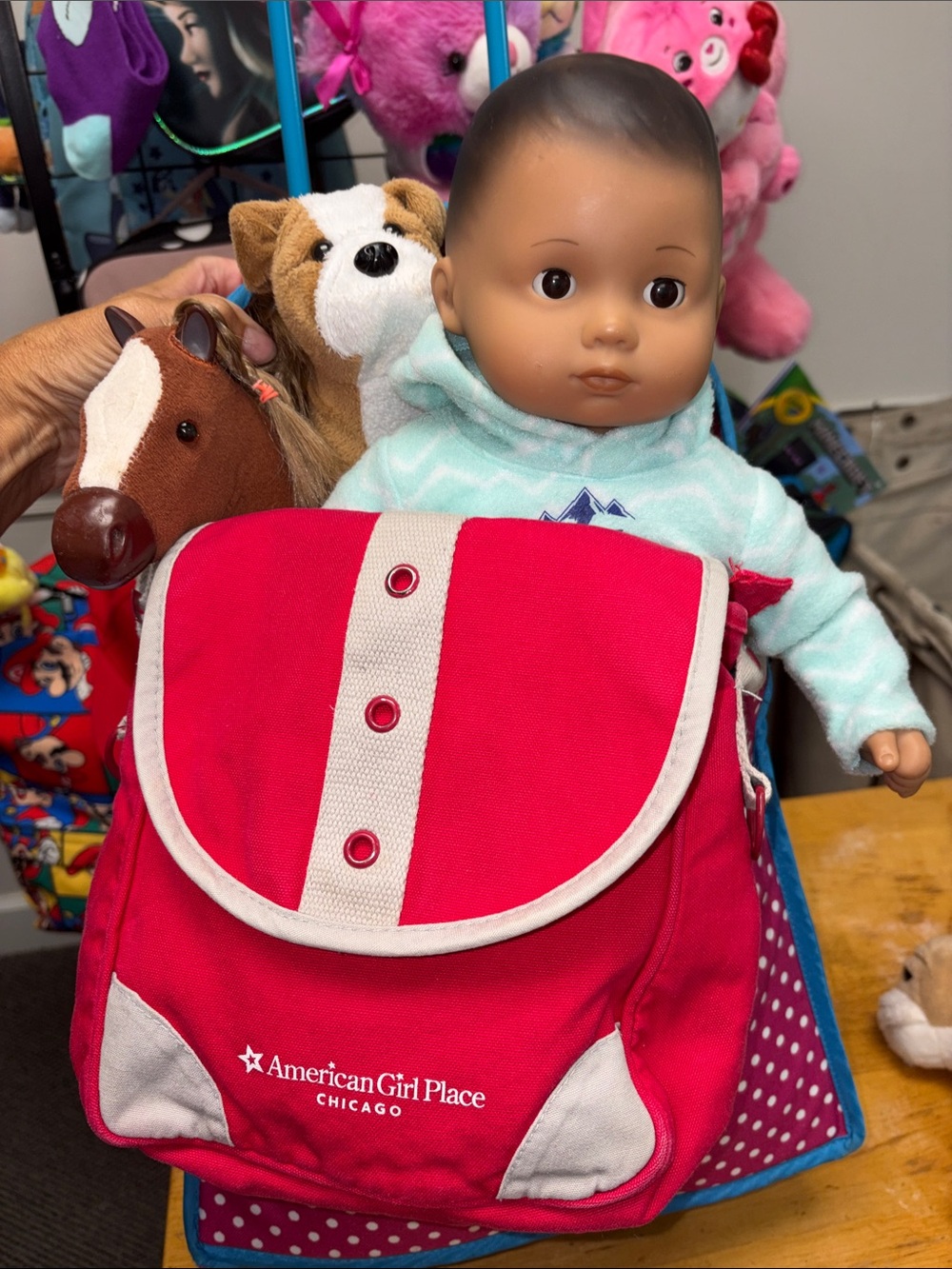 American Girl BITTY BABY BUNDLE Rolling bag, purse, horse, dog lot